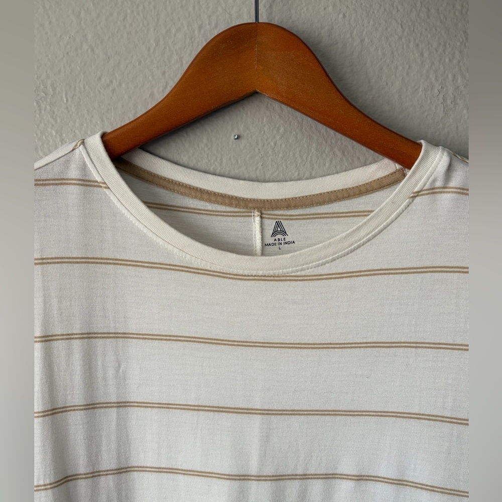 Able Clothing Made in India Ecovero Viscose Cream Brown Striped Tee Women Large - Picture 3 of 8